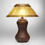 Linenfold table lamp with Favrile Bronze Pottery base by Tiffany Studios, c. 1910, earthenware with electroplated and patinated copper, leaded frosted glass, sold Oct 2023