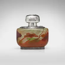 Rare marquetry scent bottle with silver overlay by Émile Gallé, c. 1898, wheel-carved and hand-blown glass, silver, sold Oct 2023