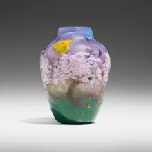 Daum, Rare Impressionist vase with cherry blossoms and butterflies, c. 1900, wheel-carved, enameled and padded cameo glass