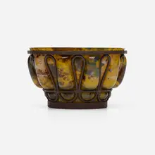 Bowl by Daum and Majorelle, c. 1920, hand-blown glass, steel, sold Oct 2023