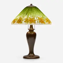 Daffodils table lamp by Handel, c. 1911, obverse-painted Chipped Ice glass, patinated metal, sold Oct 2023