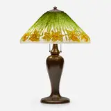 Handel, Daffodils table lamp, c. 1911, obverse-painted Chipped Ice glass, patinated metal
