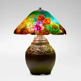 Handel, Rare Poppies lamp, c. 1928, reverse-painted acid-etched glass, patinated metal