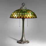 Handel, Early table lamp, c. 1902, patinated metal, leaded glass