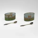 Daum, Paysage d'automne salt set, c. 1900, acid-etched and enameled cameo glass, silver
