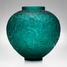 Gui vase by René Lalique, c. 1920, frosted and polished teal glass, sold Oct 2023