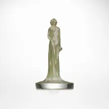 Statuette drapée seal by René Lalique, c. 1912, clear and frosted glass with green patina, sold Oct 2023