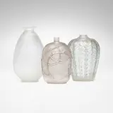 René Lalique, Vases, set of two, c. 1921-24, clear and frosted glass with green and gray patina