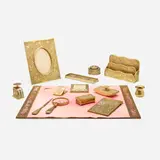 Tiffany Studios, Pine Needle fourteen-piece desk set, c. 1920, gilt bronze, Favrile glass, printed card stock, glass