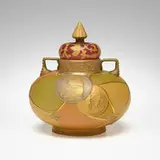 Royal Flemish covered vase with coins by Mt. Washington Glass Company, c. 1890, enameled satin glass, sold Oct 2023
