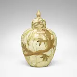Crown Milano covered jar with dragon and starfish by Mt. Washington Glass Company, c. 1890, gilt and enameled satin glass, sold Oct 2023