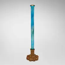 Bud vase by Tiffany Studios, c. 1920, hand-blown Favrile glass, bronze, sold Oct 2023