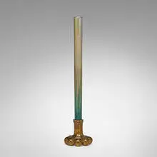 Bud vase by Tiffany Studios, c. 1920, hand-blown Favrile glass, gilt bronze, sold Oct 2023