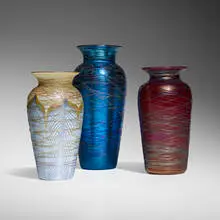 Steuben and Durand, Collection of three vases, c. 1925, hand-blown Pulled Feather glass with Spider Webbing threads, hand-blown Lustre Ware glass with Spider Webbing threads, hand-blown Aurene glass
