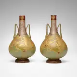 Royal Flemish vases with Cupid Slaying Dragon, pair by Mt. Washington Glass Company, c. 1890, gilt and enameled satin glass, sold Oct 2023