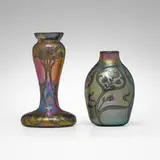 Quezal, Vases with overlay, set of two, c. 1910, hand-blown iridescent glass, silver