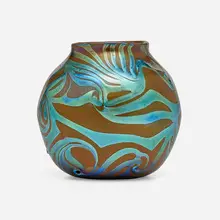 Damascene vase with prunts by Tiffany Studios, c. 1911, hand-blown Favrile glass, sold Oct 2023