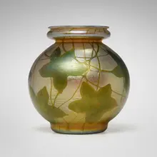 Leaf and Vine vase by Tiffany Studios, c. 1910, hand-blown Favrile glass, sold Oct 2023