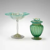 Tiffany Studios and Steuben, Pastel coupe and covered vessel, hand-blown Favrile glass, hand-blown Oriental Jade glass