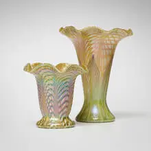 Vases, set of two by Quezal, c. 1910, hand-blown iridized glass, sold Oct 2023