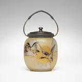 Royal Flemish biscuit jar with ducks by Mt. Washington Glass Company, c. 1890, gilt and enameled satin glass, silver plate, sold Oct 2023