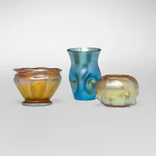 Tiffany Studios and Steuben, Collection of three cabinet vases, c. 1910, hand-blown Favrile glass, hand-blown Aurene glass
