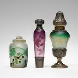 Daum, Collection of three works, c. 1900, acid-etched, gilt and enameled cameo glass, silver