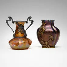 Kralik, Vases with overlay, set of two, c. 1900, mold-blown glass, brass, patinated metal