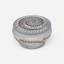 Robj, Nautilus powder jar, c. 1930, mold-blown and enameled glass