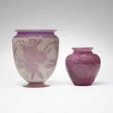 Vases, set of two by Alexander Joseph von Steuben, c. 1920-30, acid-etched Amethyst-Alabaster glass, Amethyst Cluthra glass, sold Oct 2023