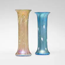 Decorated vases, set of two by Quezal, c. 1910, hand-blown glass, sold Oct 2023