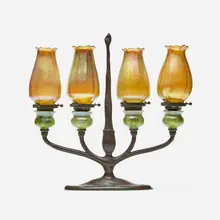 Candelabrum by Tiffany Studios, c. 1910, hand-blown Favrile glass, patinated bronze, sold Oct 2023