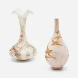 Crown Milano vases, set of two by Mt. Washington Glass Company, c. 1890, gilt and enameled satin glass, sold Oct 2023