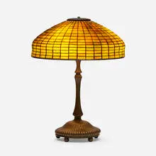 Dichroic geometric table lamp by Tiffany Studios, c. 1910, leaded glass, patinated bronze, sold Oct 2023