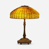Tiffany Studios, Dichroic geometric table lamp, c. 1910, leaded glass, patinated bronze