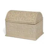 Arthur Conant for Rookwood Pottery, uncommon porcelain lidded casket with embossed lions, birds and flowers, shape number 2470