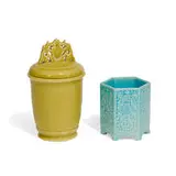 Arthur Conant for Rookwood Pottery, porcelain covered jar with coat of arms finial in yellow, shape number 6477 and porcelain six-sided jar with embossed birds and trellis in blue, shape number 2452