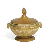 Arthur Conant for Rookwood Pottery, earthenware covered box with ram's head handles, shape number 2459