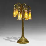 Lily seven-light table lamp by Quezal & French Art Nouveau, USA / France, sold Mar 2021