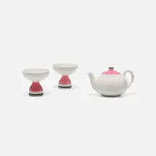 teapot and two footed bowls from La Fonda del Sol by Alexander Girard, c. 1960, glazed porcelain, sold Mar 2018