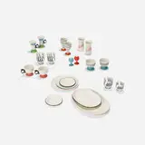 Alexander Girard, collection of tableware from La Fonda del Sol, c. 1960, glazed porcelain with applied decoration, screenprint on glass
