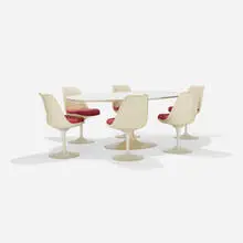 Eero Saarinen, dining set, enameled steel, laminate over lacquered wood, enameled aluminum, molded fiberglass, upholstery