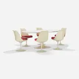 dining set by Eero Saarinen, enameled steel, laminate over lacquered wood, enameled aluminum, molded fiberglass, upholstery, sold Mar 2018