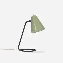 attribution Kurt Versen, table lamp, c. 1955, enameled aluminum, enameled steel