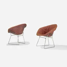 Diamond chairs, pair by Harry Bertoia, chrome-plated steel, upholstery, sold Mar 2018