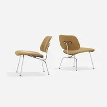 Charles and Ray Eames, LCMs, pair, 1946, Alexander Girard upholstery over molded plywood, chrome-plated steel, rubber
