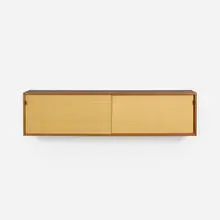 hanging cabinet, model 123 by Florence Knoll, walnut, lacquered wood, leather, sold Mar 2018