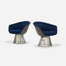 Warren Platner, lounge chairs, pair, 1966, chrome-plated steel, upholstery, plastic
