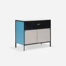 Steelframe cabinet, model 4032 by George Nelson & Associates, 1950, enameled steel, lacquered wood and masonite, laminate, aluminum, sold Mar 2018
