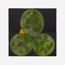 Donald Sultan, Three Old Limes and an Orange August 30 1988 (in four parts), 1988, tar, oil and spackle on tile over wood and masonite construction